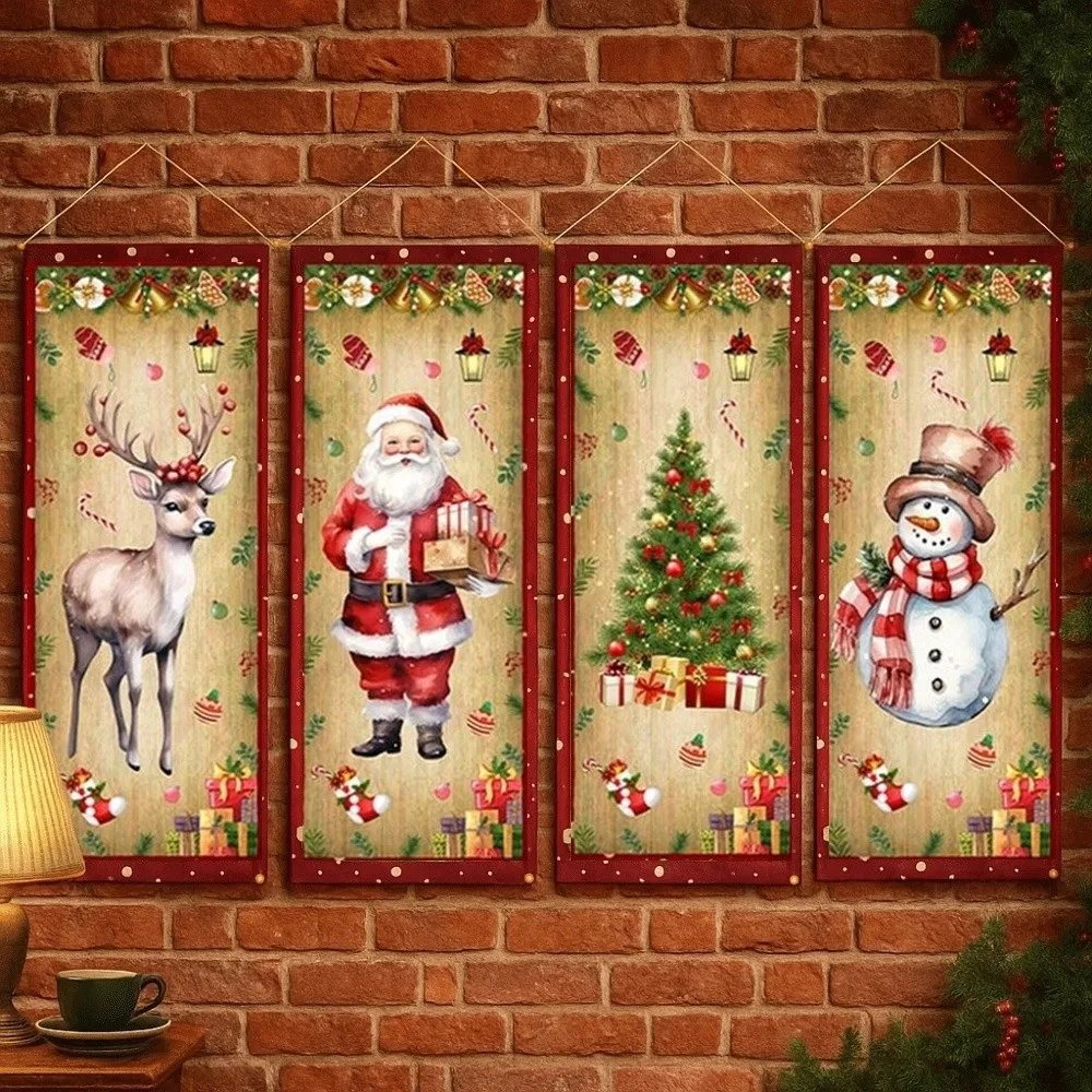 

4pcs Large Size Christmas Hanging Flag Rectangular Santa Claus Merry Christmas Banner Colorful Elk Xmas Cloth Wall Couplet Bar