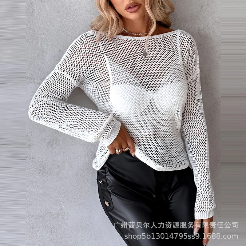 Spring Summer New Women\'s Solid Color Backless Chain Round Neck Long Sleeve Woolen Top Blouse