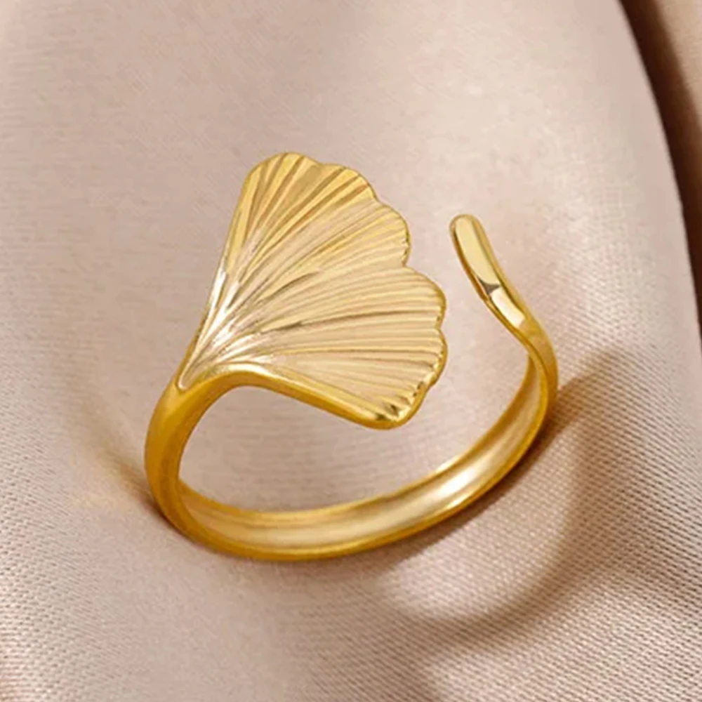 Ginkgo Biloba Leaf Rings For Women Gold Color Stainless Steel Open Ring Female Wedding Party Finger Jewelry Gift 2024 New Trend