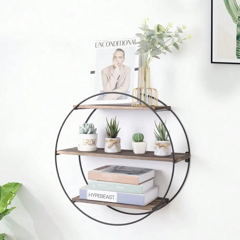 Solid Wood Floating Shelf 3Tier Round Metal Wall Shelves Hanging Farmhouse Decor