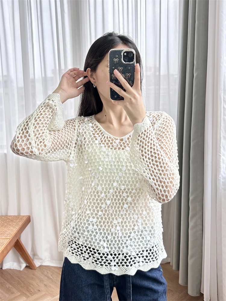 

Shimmering Sequins Embellished Hollow-out Summer Vacation Women Top 2024 Cool Comfortable Top Women Clothes