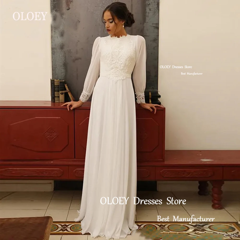 

OLOEY Vintage Modest Ivory Chiffon A Line Wedding Dresses Boho O-Neck Lace Long Sleeves Classic Country Bridal Gowns Plus Size