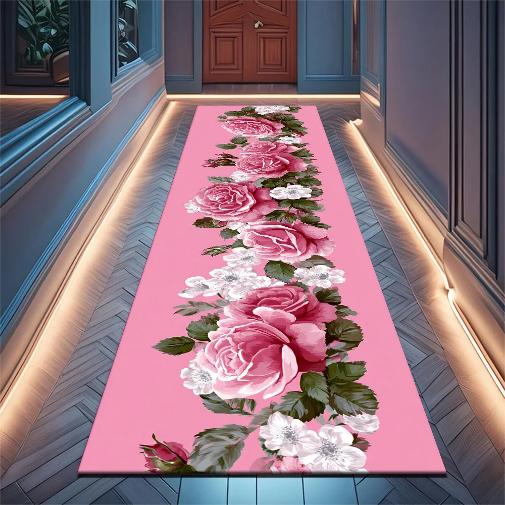 Pink Base Pink Rose White Wildflower Print Runner Rug,non-slip long floor mat for bedroom, romantic floral home decor beside bed