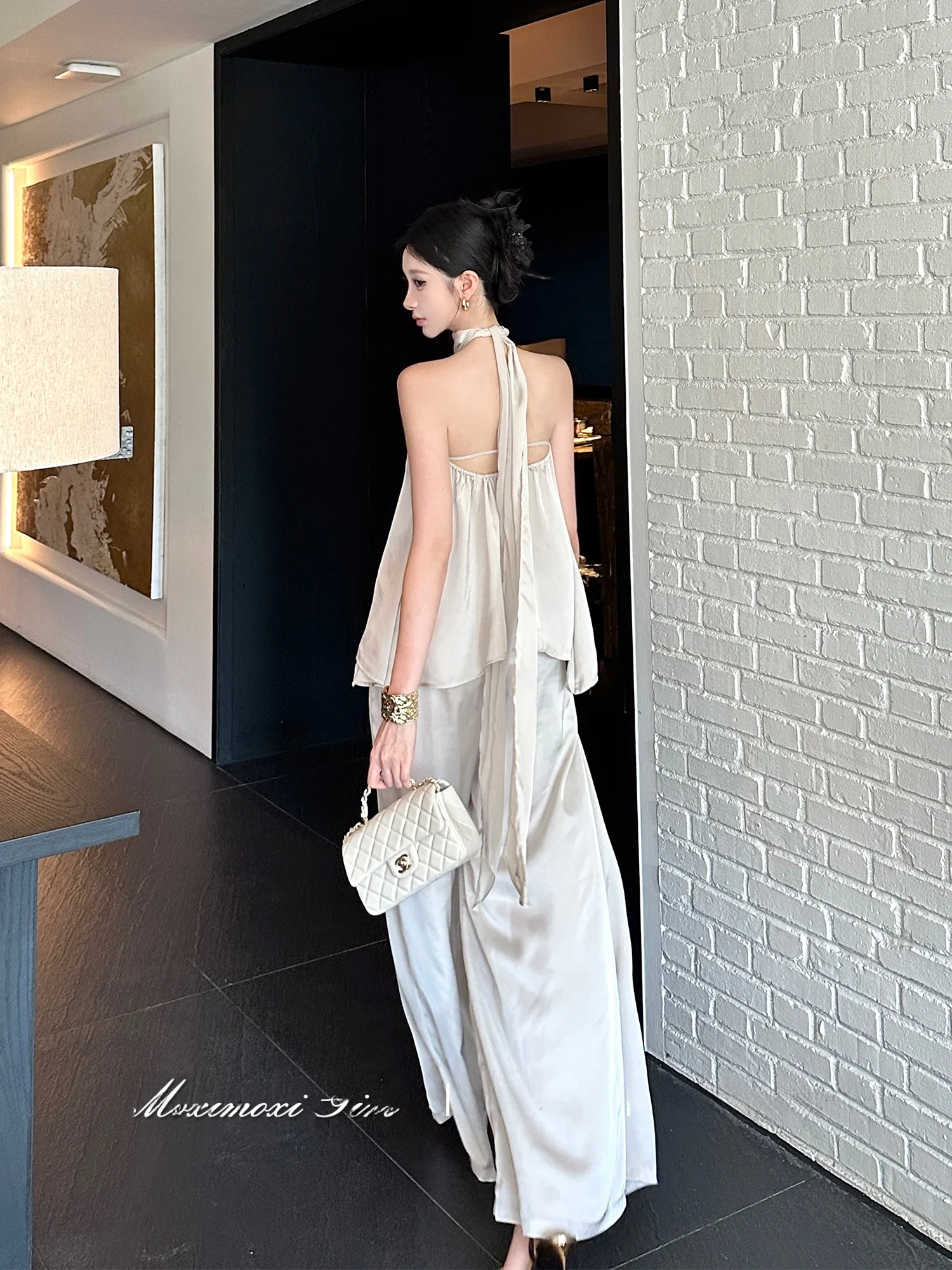 MOXI Sexy Bal Drapey Silk Satin Ribbon Asymmetrical Hanging Ne Spicy Girl Top Women's Faion Set Ele Sle Autumn...