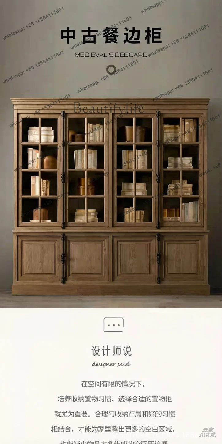American solid wood bookcase with glass door household bookshelf dustproof floor-to-wall storage cabinet - view 4