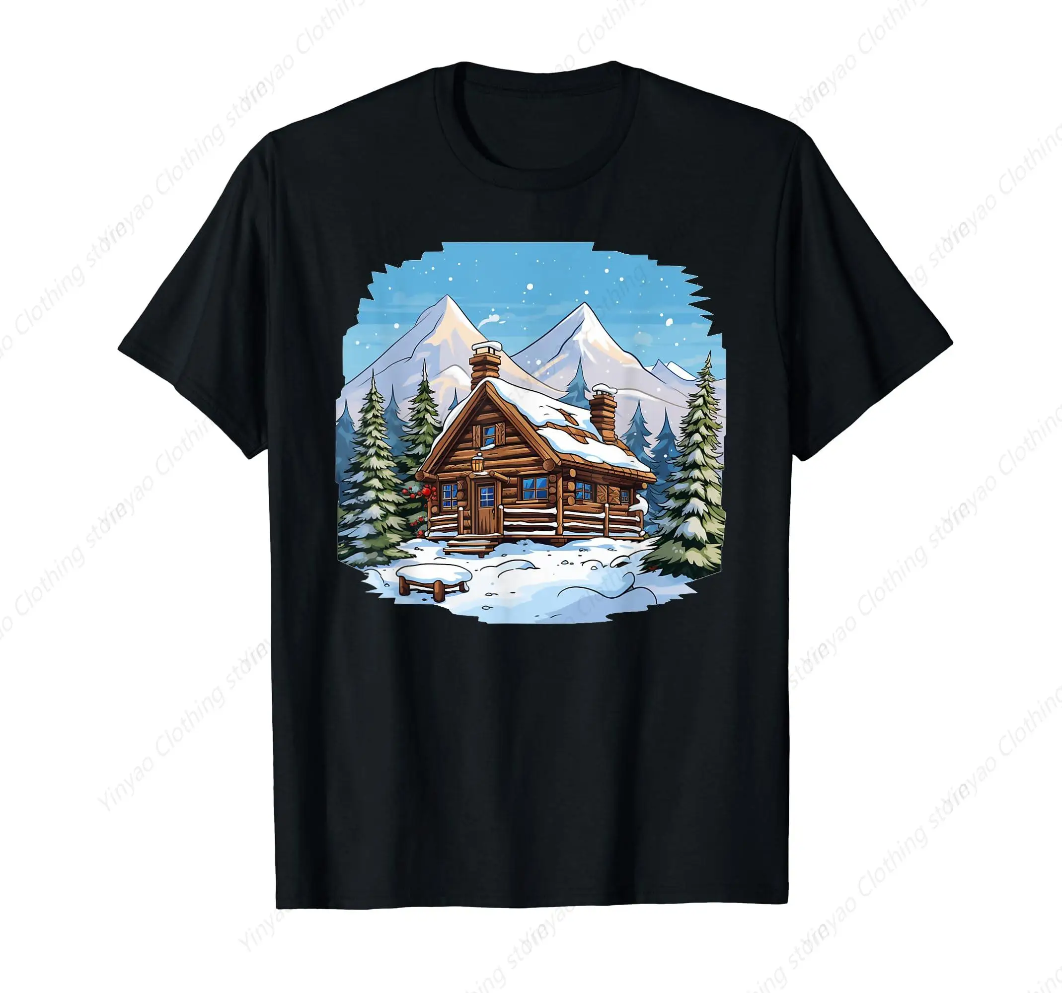 Beautiful wooden house snow adventure enthusiast T-shirt men's and women's fashionable casual short sleeved cotton