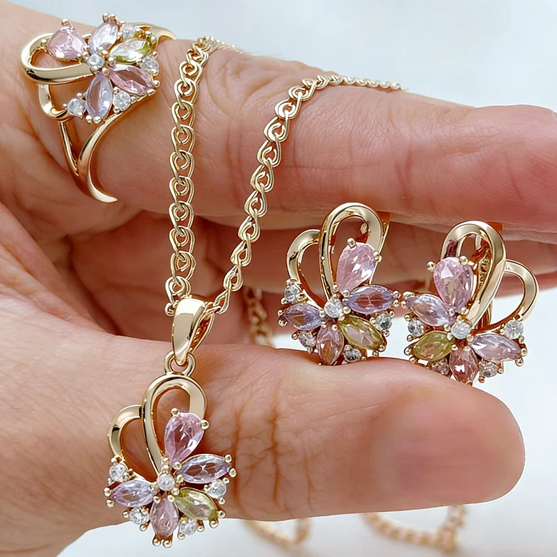 

Комплект украшений Kinel: кольцо, серьги и ожерелье с натуральным цирконом, цветные, блестящие, для женщин, трендовый дизайн, цвет розового золота 585 пробы, 3 предмета, винтажный стиль