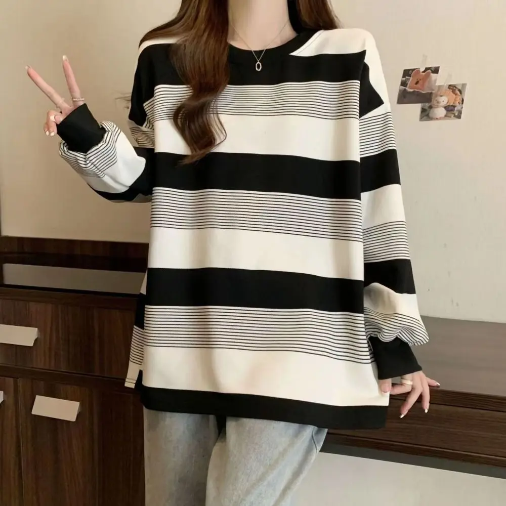 

Korean Style Retro Long Sleeve T Shirt Loose Chic Striped Blouse Plus Size Stylish Sweatshirts for Women Female