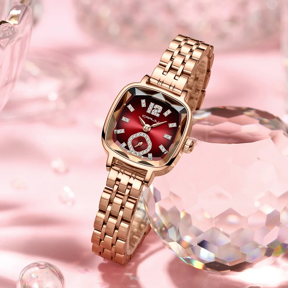 CRRJU Fashion Women\'s Dress Wristwatches Luxury Square Quartz with Rhinestones Relogio Feminino