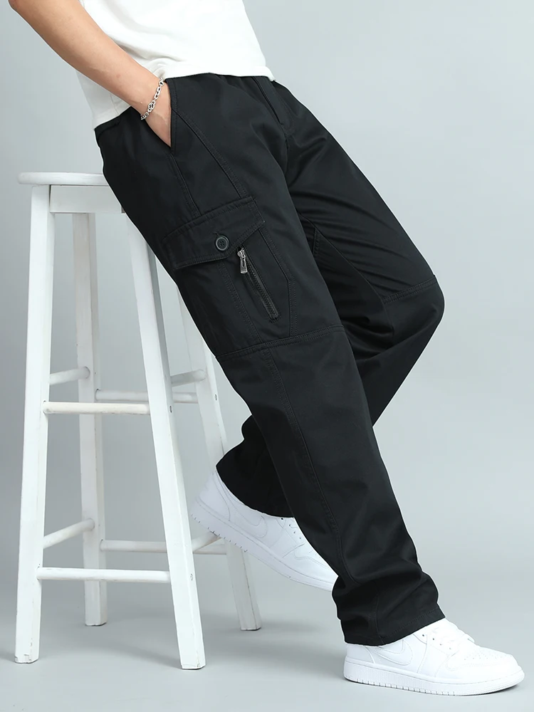 Pantalones de trabajo finos de algodón puro para primavera y otoño, pantalones informales holgados y rectos para hombre de mediana edad y ly, Multi ket, talla grande