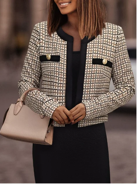 

Elegant New Casual Round Neck Metal Buckle Women's Printed Elegant Short Style Small Fragrance Long Sleeved Open Placket Jacket