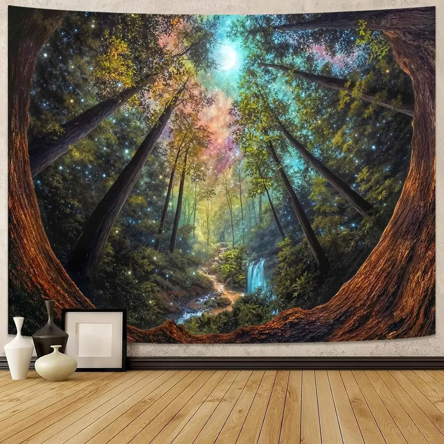Forest Landscape Tapestry Green Rainforest Tapestry Misty Tropical Jungle Trees Wall Hanging for Living Room Dorm Office Decor