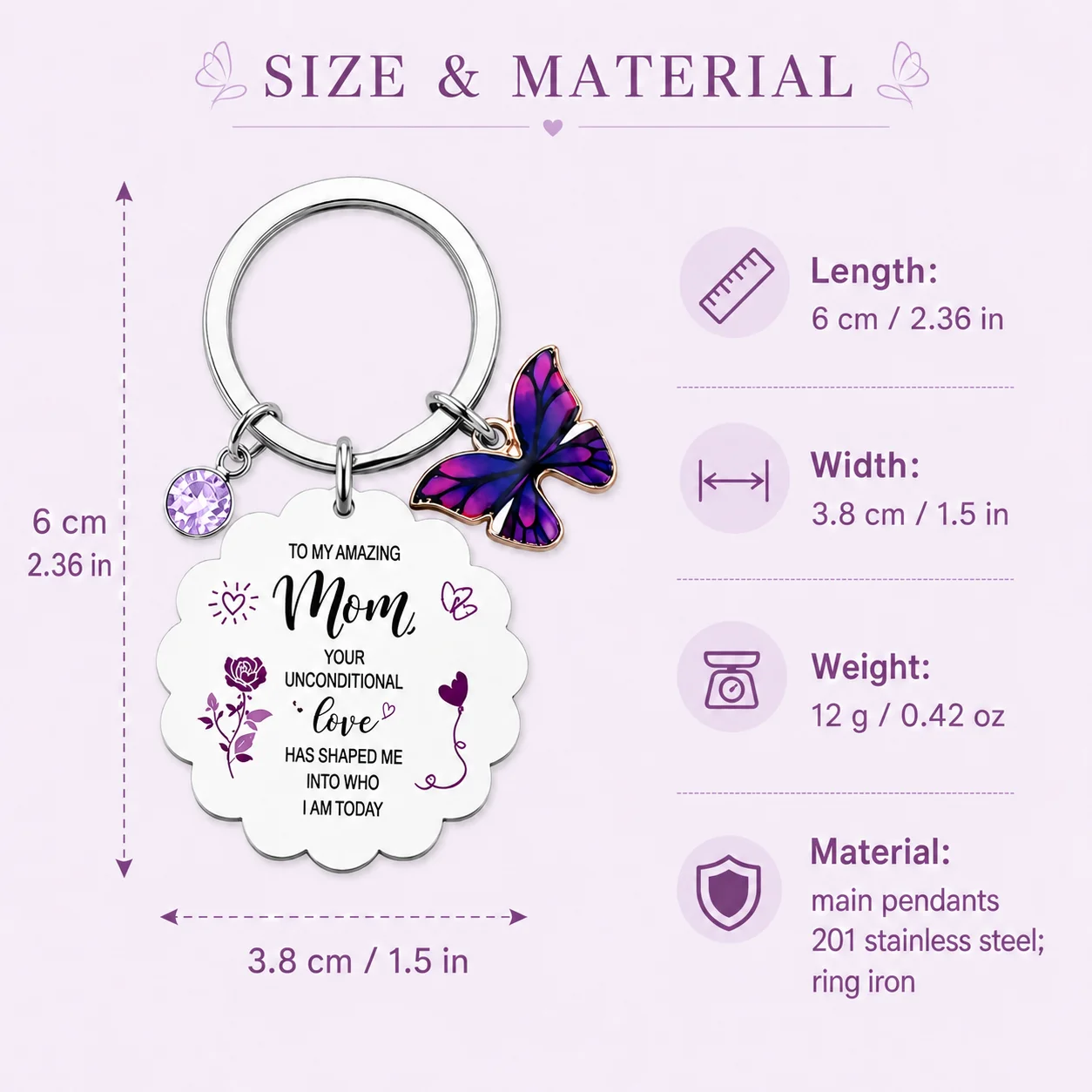 To My Amazing Mom Metal Keychain, Purple Butterfly Rhinestone Charm, Mother's Day Gift for Women Holiday