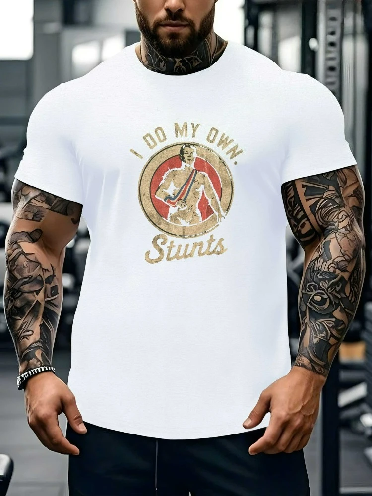 

I Do My Own Stunts-Retro Wrestling Logo Design-100% cotton summer casual O-neck short sleeve printed men's T-shirt.