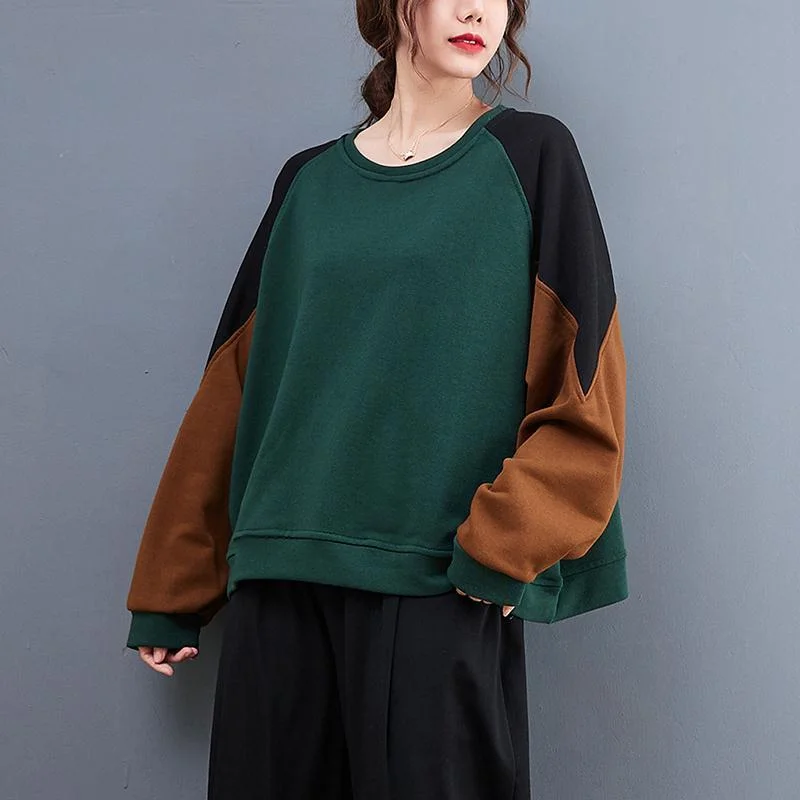 Women's Autumn and Winter New Retro Spliced contrasting Color Long-sleeved Round Neck Pullover Sweater Casual Top