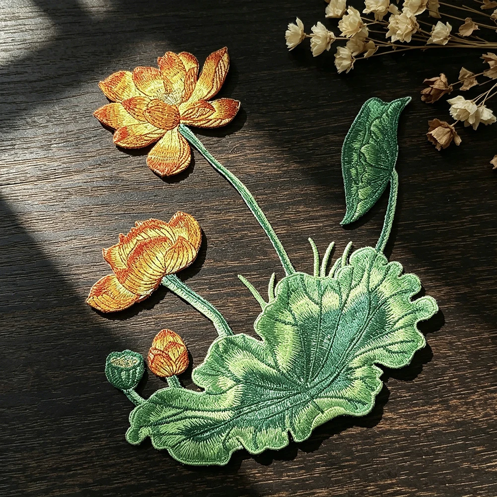 Neuer chinesischer orange-gelber Lotus-Aufnäher zum Aufnähen, ohne Kleber, Hanfu Qipao Kissenstoff, dekorative Applikation, DIY-Bastelbedarf – Detail 2