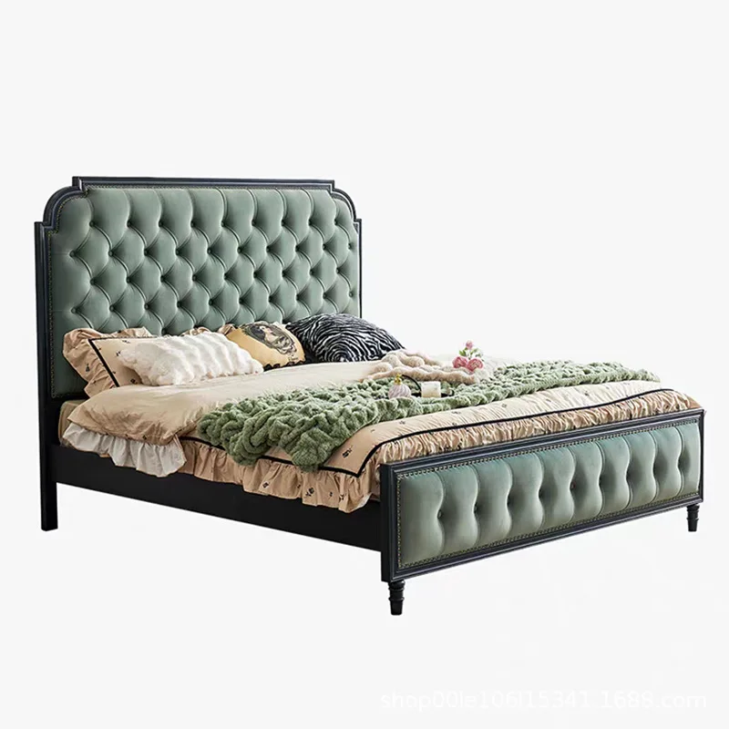 

Solid wood vintage vintage high-back soft padded zipper fabric double hotel bedroom model room princess wedding bed