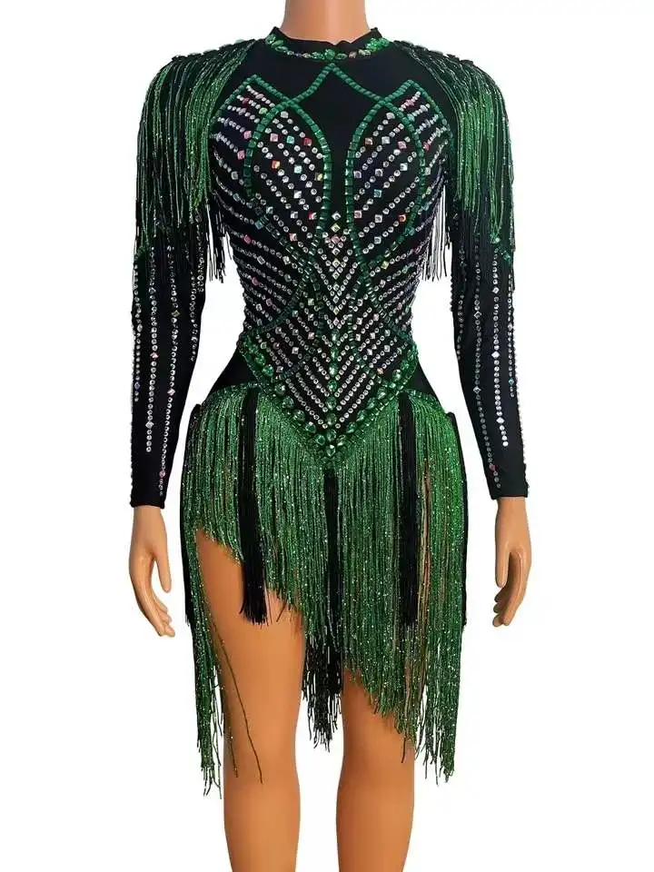 Traje de club nocturno, ropa de escenario, leotardo con borlas y diamantes de imitación brillantes, traje de baile Sexy con flecos negros y verdes