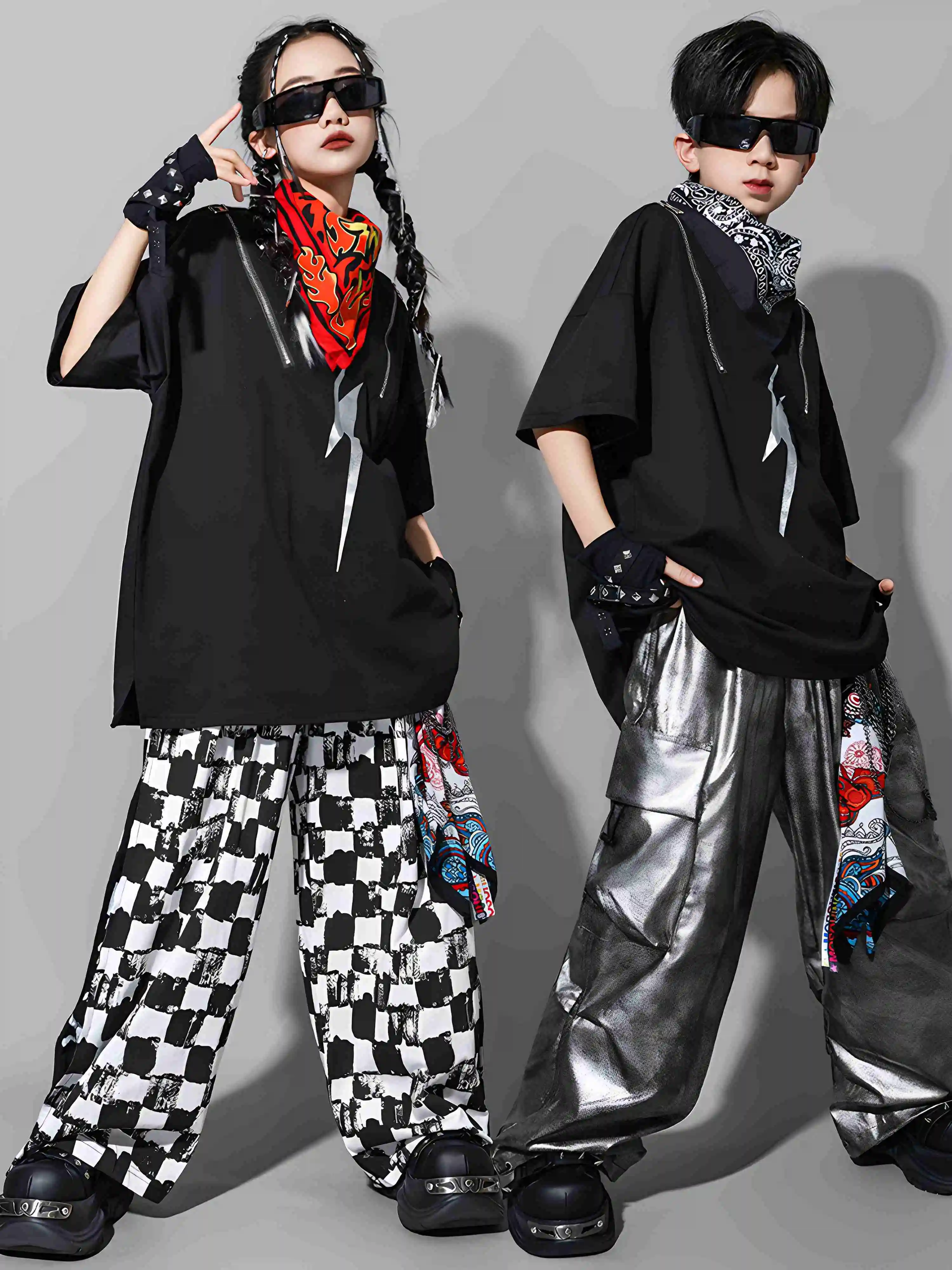 Bambini Ragazzi Hip Hop Maglietta nera Pantaloni a quadretti Baggy Maniche corte Chiusura Poppin Performance Costume Ragazze Jazz Outfit BL16434