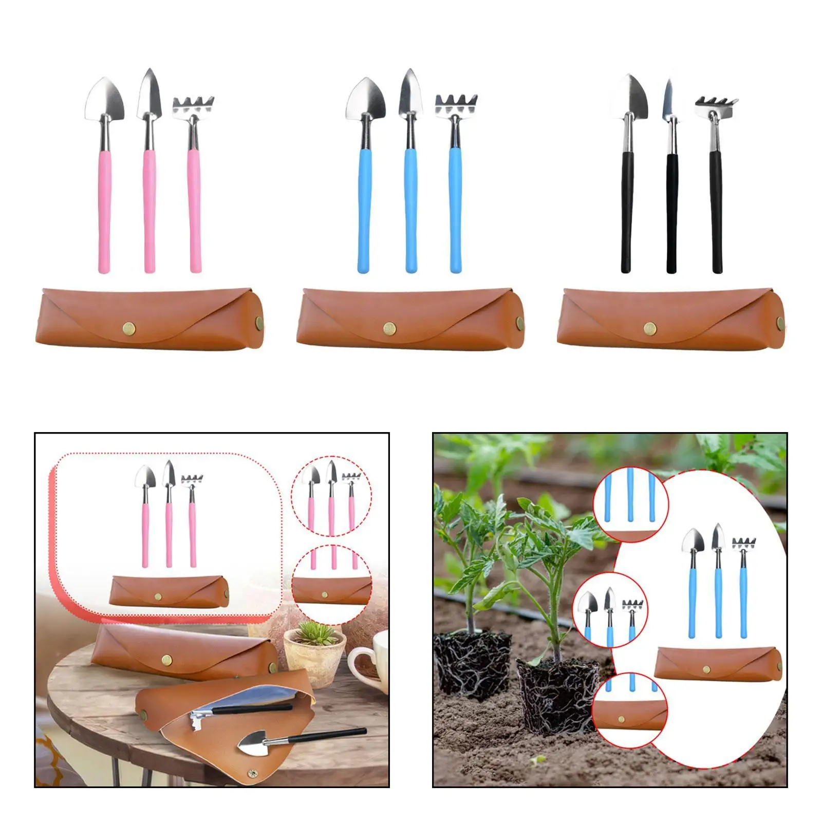 Mini herramientas de jardinería, paleta rastrillo de pala manual con bolsa de almacenamiento de cuero PU, herramientas de plantación multiusos resistentes para jardín interior