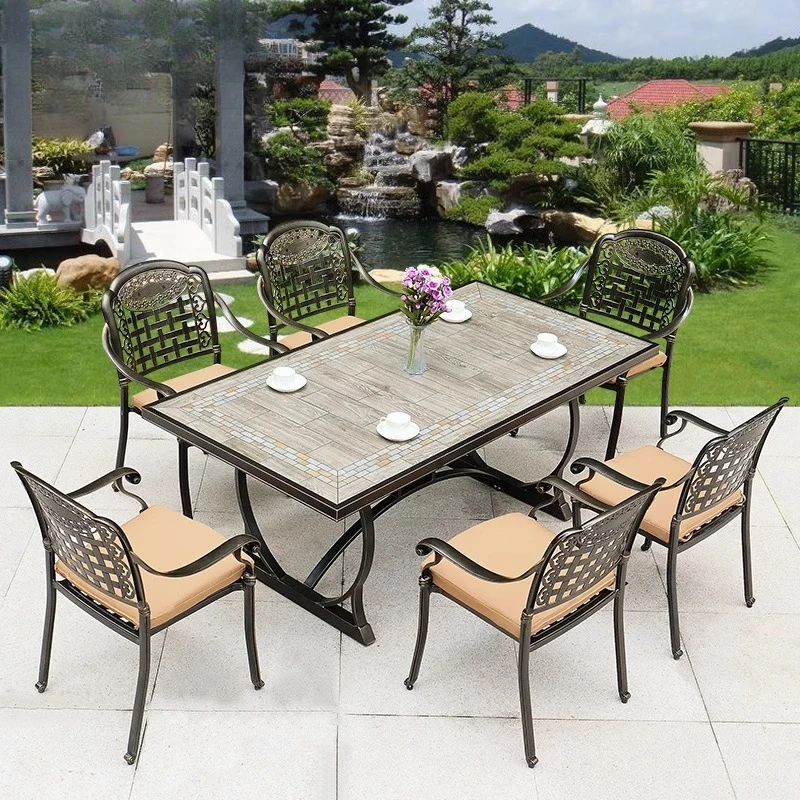 

Outdoor ceramic tile marble cast aluminum tables and chairs leisure balcony villa courtyard outdoor seven-piece iron furniture