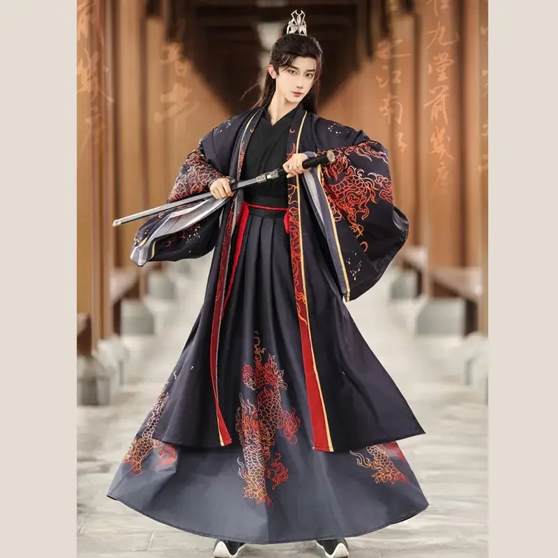 Autumn WeiJin Style Red Black Printed Hanfu Dress Men's Chinese Traditional Hanfu Knight Cosplay Costumes Carnival Plus Size 3XL