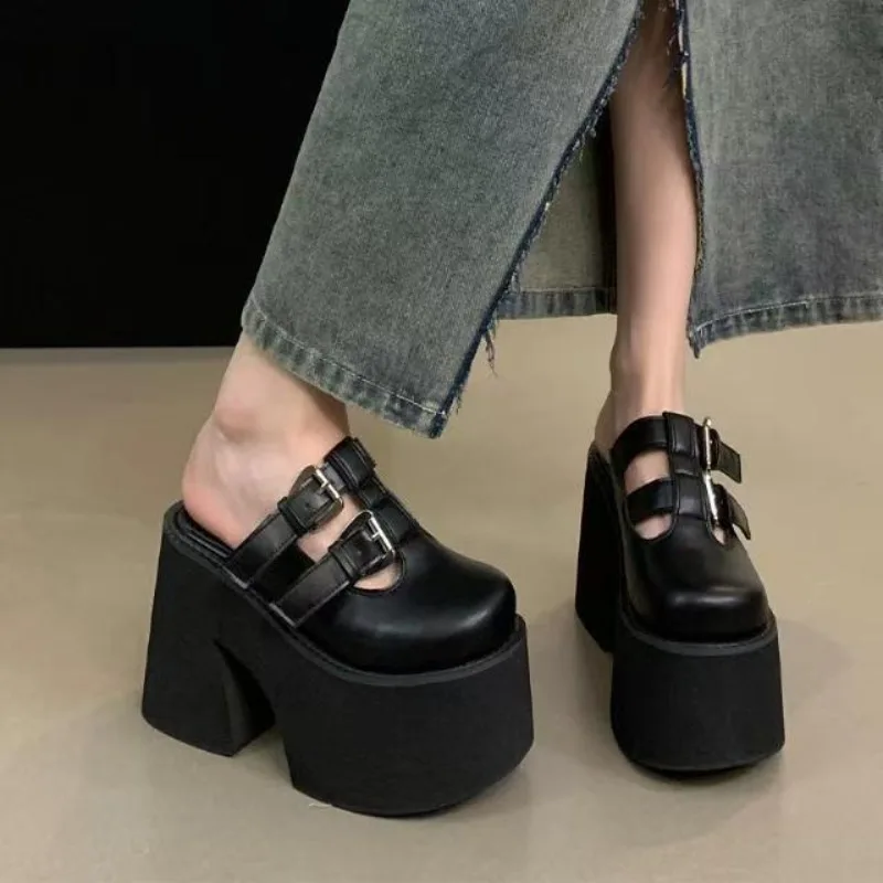 

Женские черные модные тапочки Baotou высокого качества высокого качества высотой 11,5 см с квадратным каблуком и большими высокими каблуками, размер 43