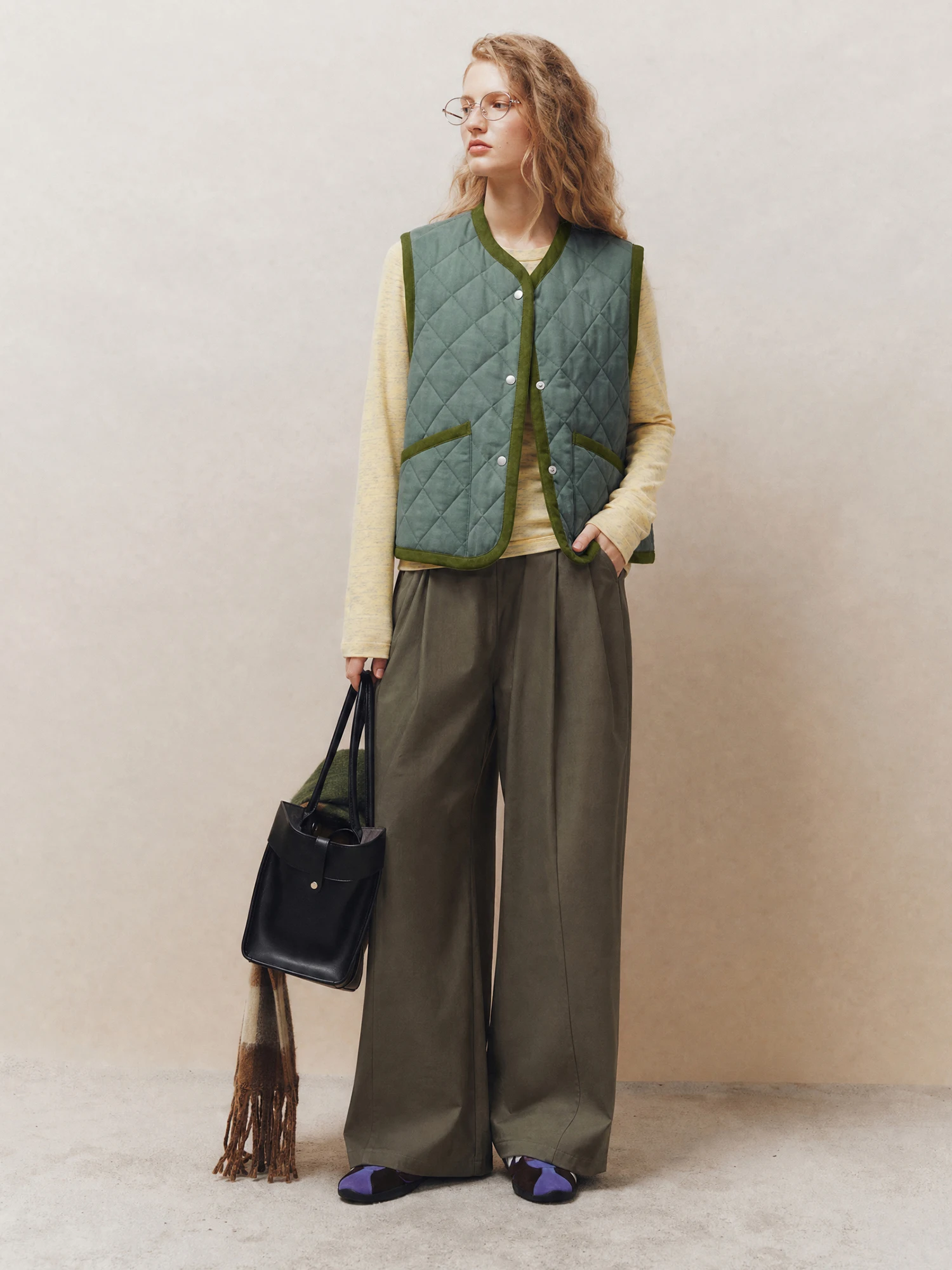 Lightweight Warm Heavy-Weight Diamond Pattern Quilted Vest Color Block  round Neck Outerwear Thin Cotton Vest
