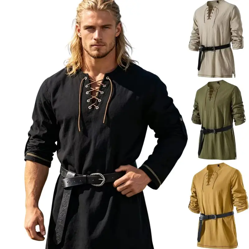 Men Medieval Viking Lace‑Up Shirt Renaissance Pirate Long Sleeve Tunic Top With Belt Halloween Cosplay Costume Vintage Outfit