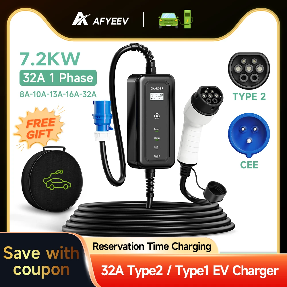 AFYEEV Portable EV Charger Wallbox Type2 Cable 32A 7.2KW CEE Plug EVSE Type1 Charging Box j1772 Adapter for Electric Vehicle