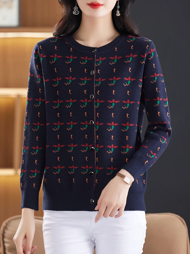 Cardigan imprimé à manches longues pour femmes, pull à simple boutonnage, tricots, vêtements pour femmes, printemps, automne