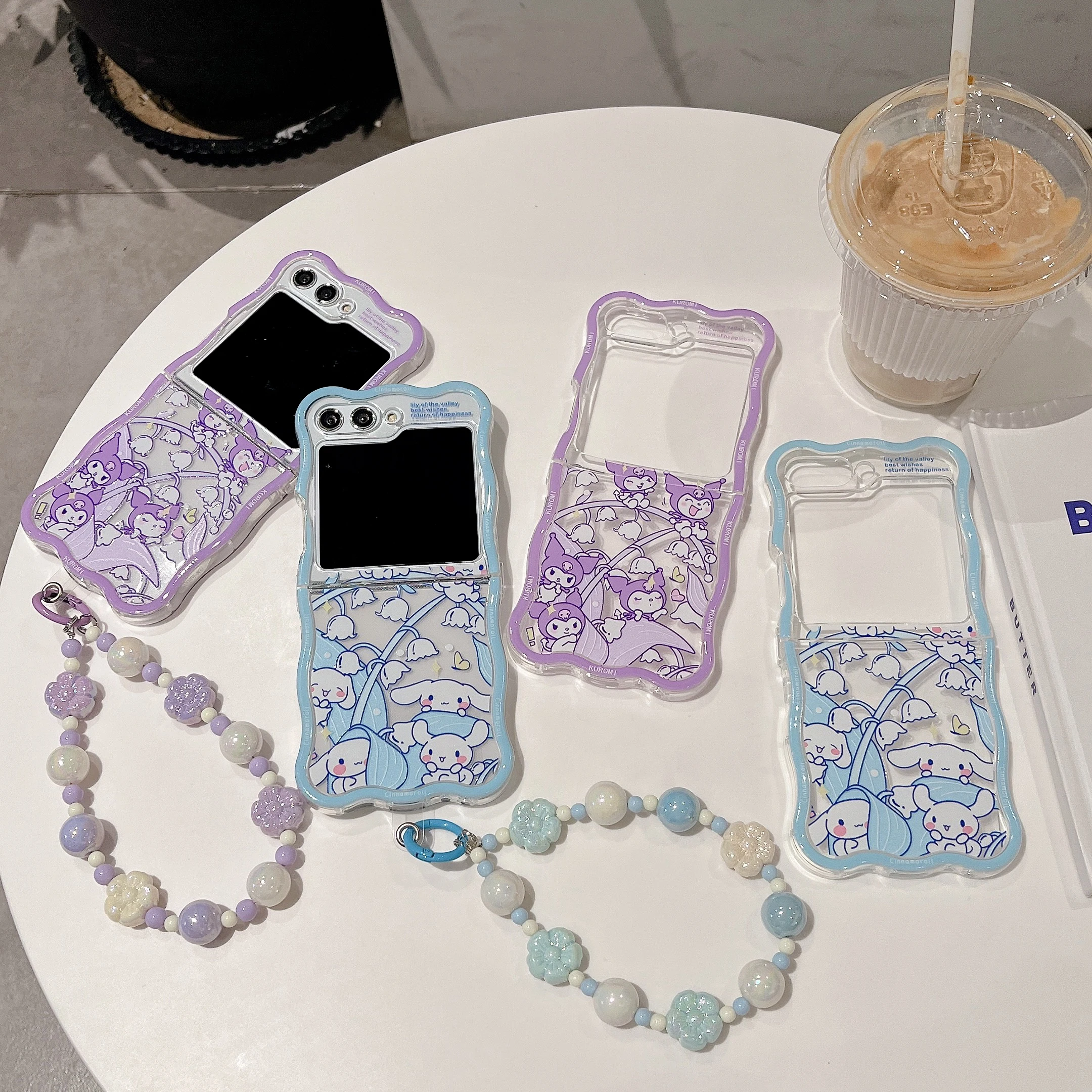 

Kawaii Sanrio Kuromi Cinnamoroll Phone Case with Bracelet for Samsung Galaxy Z Flip 3 4 5 5G ZFlip5 Soft Back Cover Girl Gift