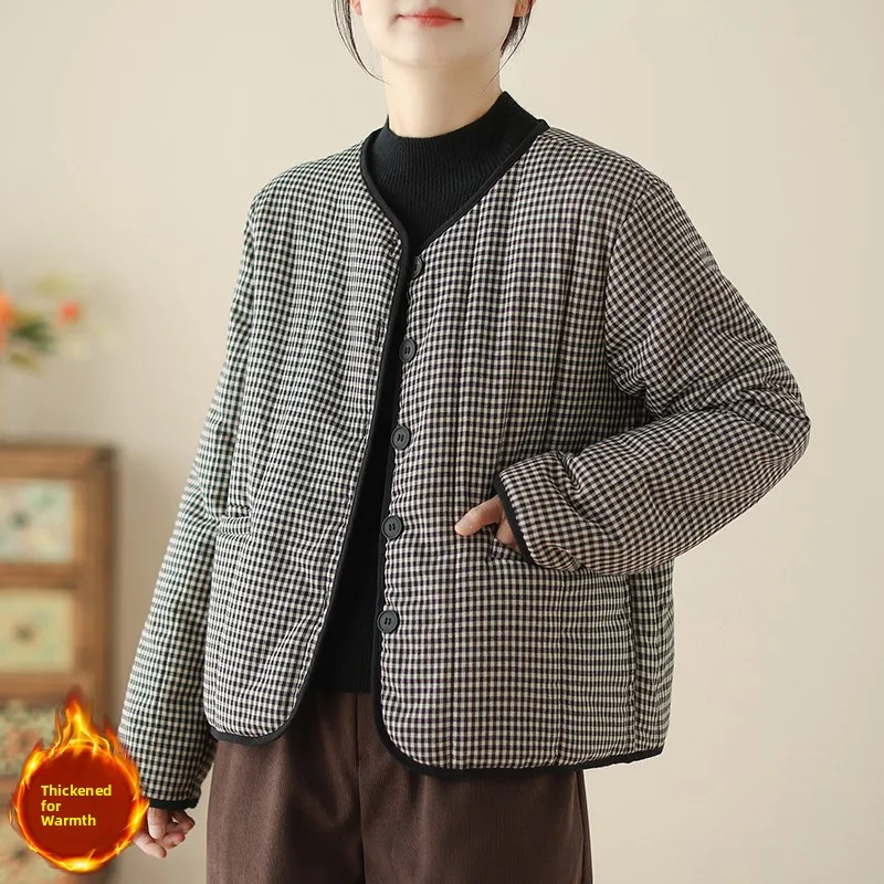 

Premium Anti-Aging Large Size Winter New Retro Plaid Lightweight Cotton Jacket Women's Outerwear Short Style Fashionable