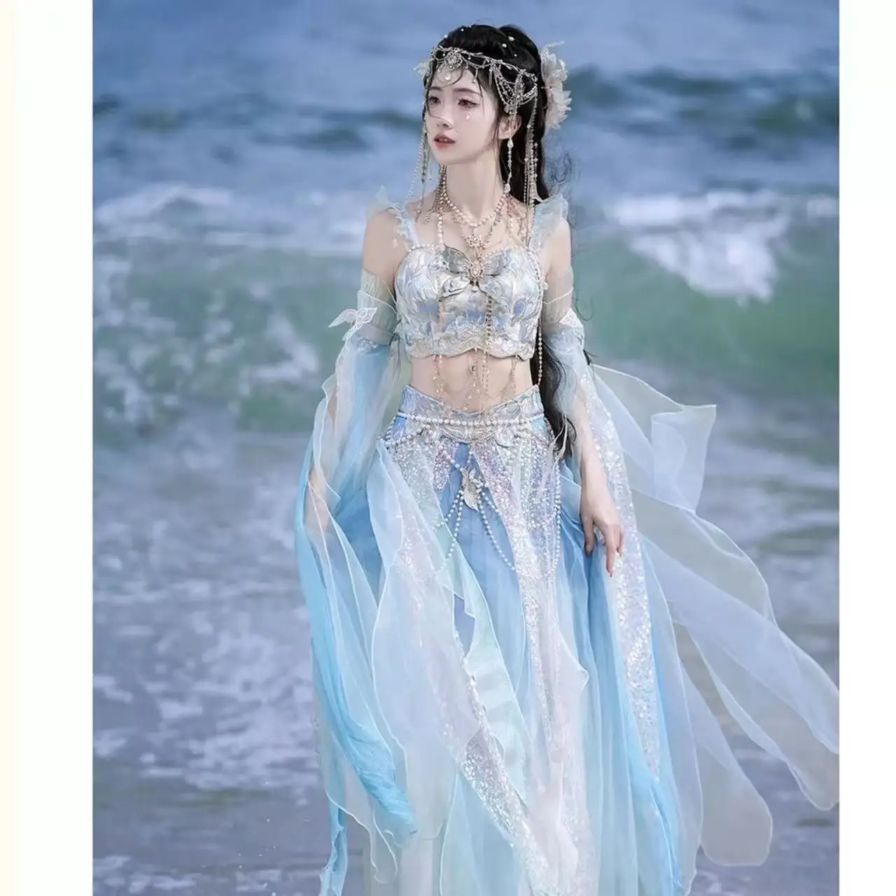 

Волшебное женское традиционное китайское платье Ханьфу, синее, в стиле русалки, для косплея, путешествий, свадебной фотосессии, женское