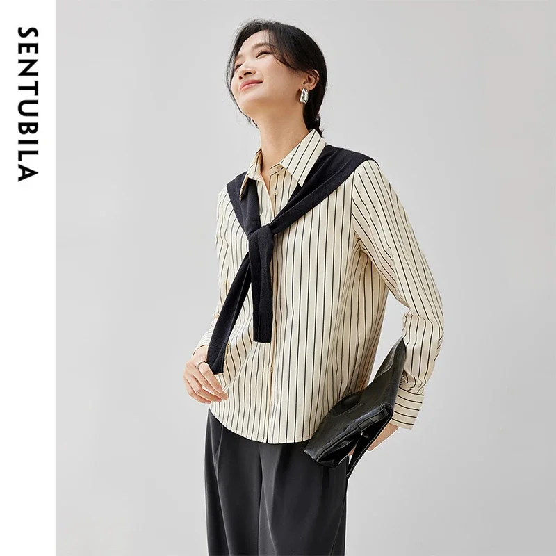 SENTUBILA Casual Striped Shirt Women 2025 Autumn Fall Wool Knit Shawl Comfort Long Sleeve Tops for Woman Clothing 143C56803
