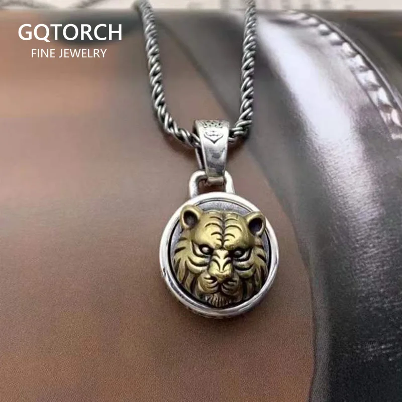 Real 925 Sterling Silver Tiger Pendant Rotatable for Men Brass(yellow part) Tiger Head Animal Year Jewelry