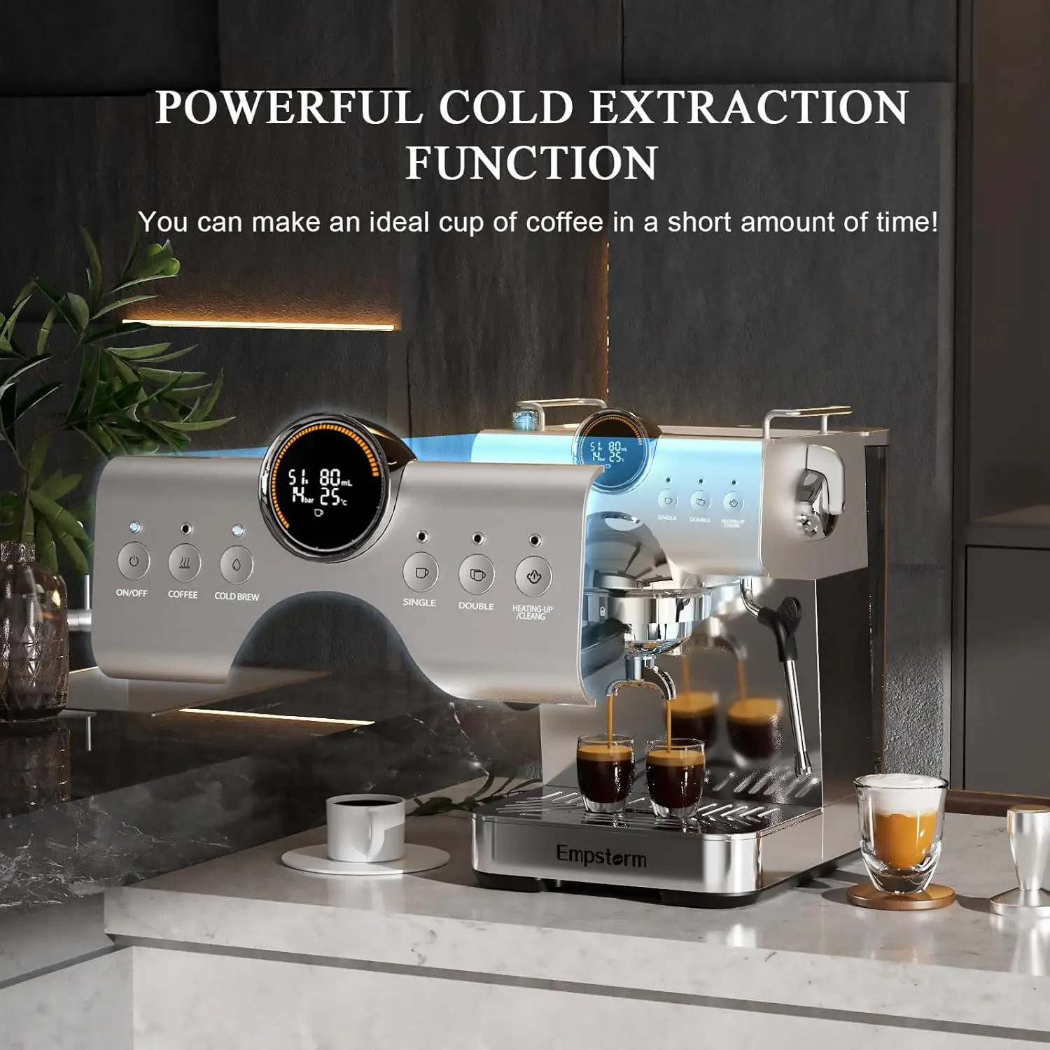 Machine with Cold Brew, 20 Bar Hot and Cold Espresso Maker Cappuccino Machine with Milk Frother Steam Wand, Easy to Use & Clean