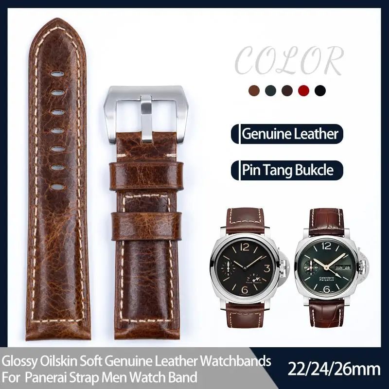 

TINTAG Glossy Oilskin Soft Genuine Leather Watchbands For Panerai Strap Men Watch Band 22mm 24mm 26mm Belt Steel Pin Buckle