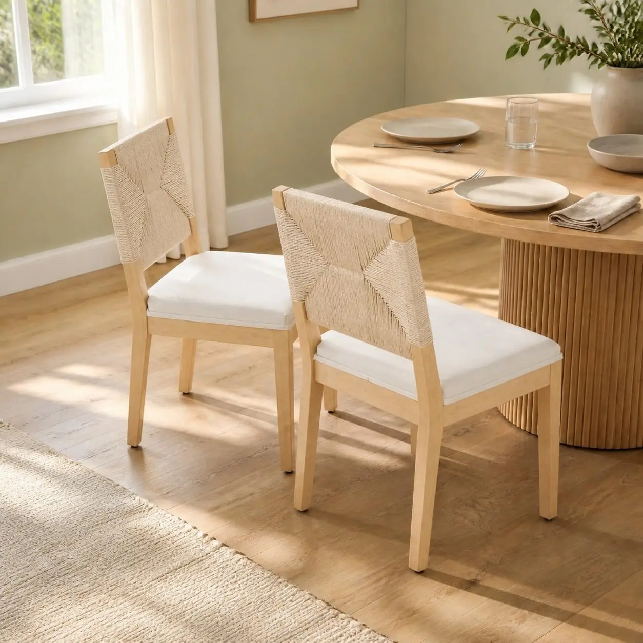 French Country Dining Chair Set 6, Ivory Boho Woven Back, Linen Seat Wood Legs for Kitchen & Dining Room, Beige, Customized