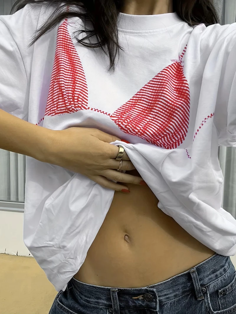 

2025 Fashion Trendy pink bikini print round neck short sleeve T-shirt Fashionable style Suitable for summer women's casual wear