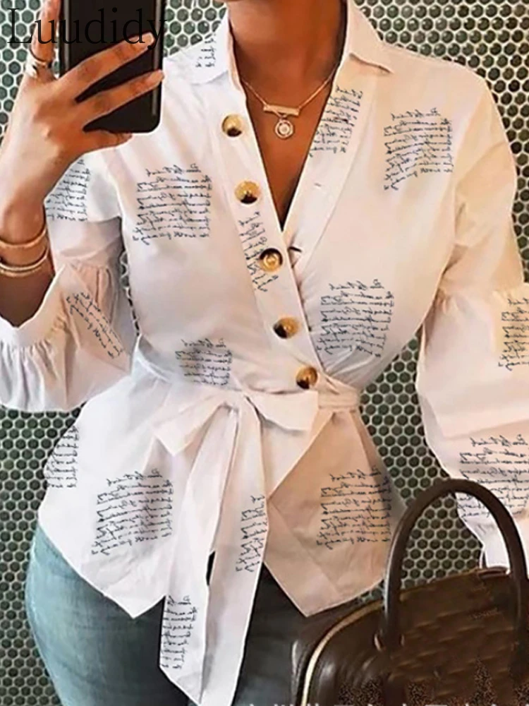 Women Blouse Elegant Print Long Sleeve Shirts With Belt