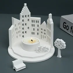 Concrete House Candle Holder Silicone Mold 3D Creative Round Base with Hollow House Mould DIY Gypsum Handicrafts Ornament Mold