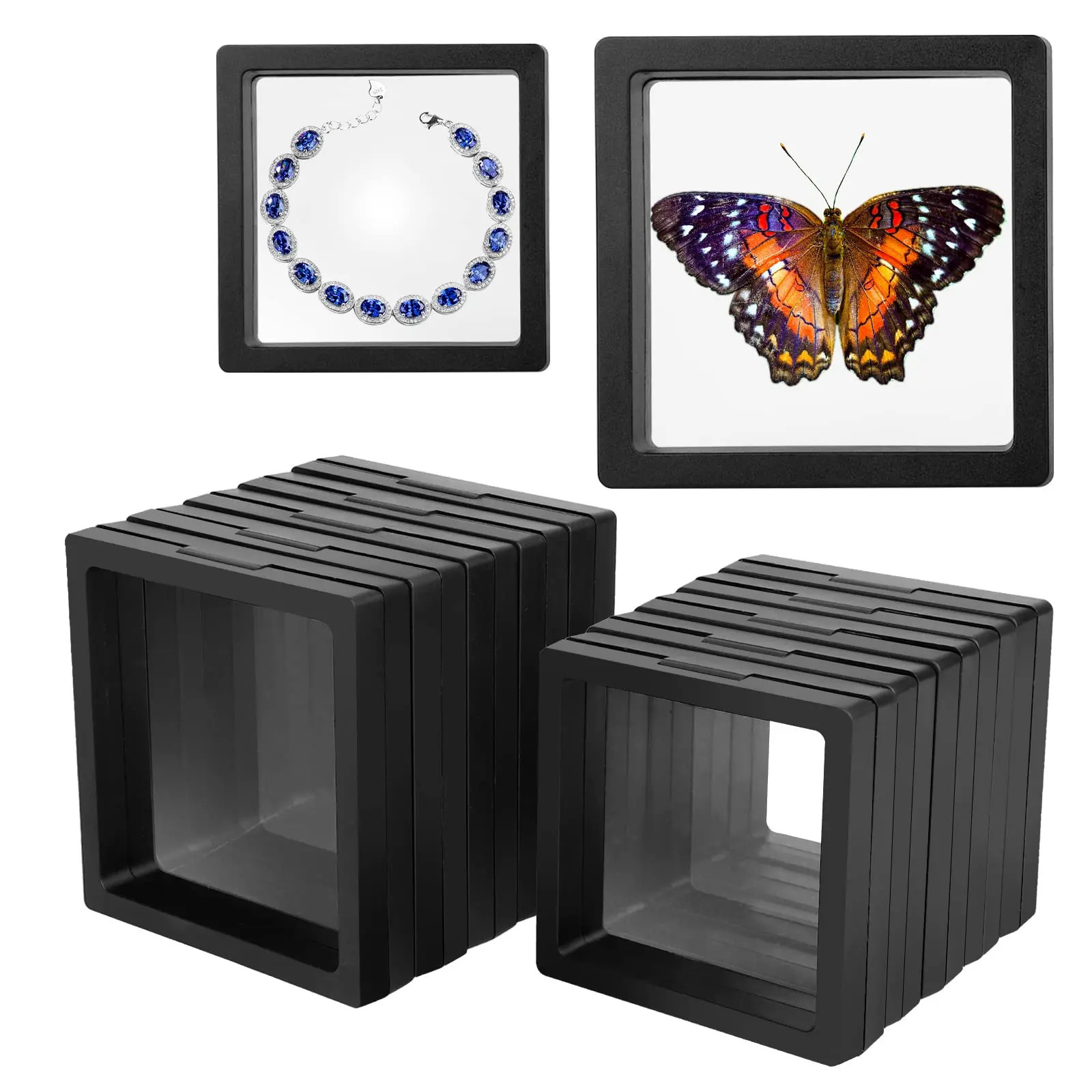 10PCS Floating Display Case, Linkstyle 3D Floating Frame Display Holder Stand, Transparent PE Jewelry Storage Box Organizer