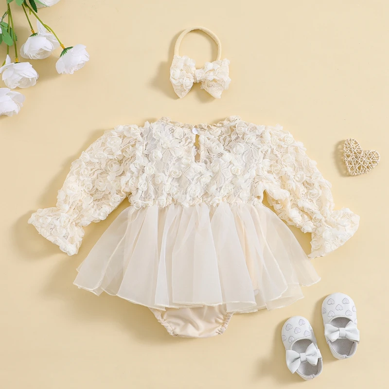 Robe barboteuse en dentelle florale pour bébés filles, manches longues, jupe en tulle, olympiques de batterie à ourlet avec bande de sauna,