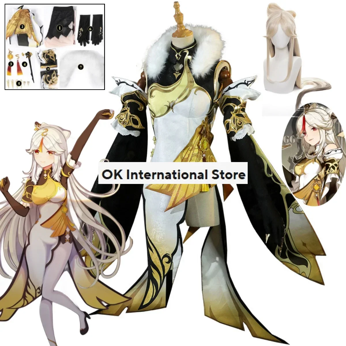 Game Genshin Impact NingGuang Cosplay Costume Qipao Dress Uniform Gold Dress Halloween Carnival Party Carnival Clothing