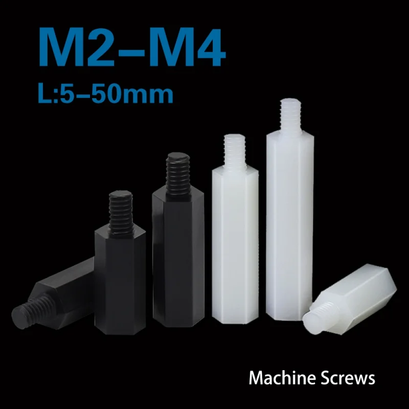 20/ 50pcs Male to Female White/ Black PCB Nylon Standoff Spacer M2 M2.5 M3 M4*L 6 Column Plastic Spacing Screws Length: 5-50mm
