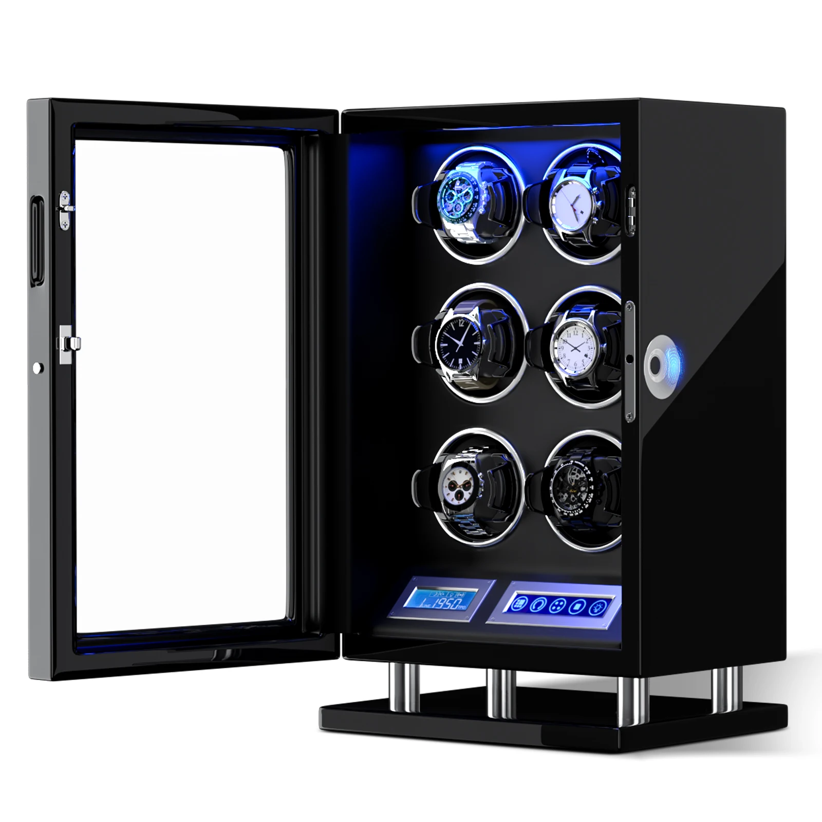 فتح صندوق ملفاف الساعة الأوتوماتيكي ببصمة الإصبع مع شاشة LCD تعمل باللمس وجهاز تحكم عن بعد وإضاءة LED للتخزين لمدة 6 ساعات