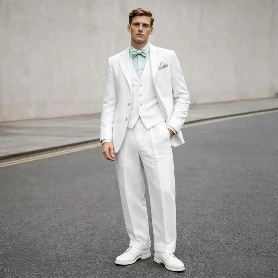 White Linen Men's 3 Piece Suit Slim Fit Notch Lapel Two Buttons Blazer Vest Pants Set Summer OutwearCasual Business Wedding Suit
