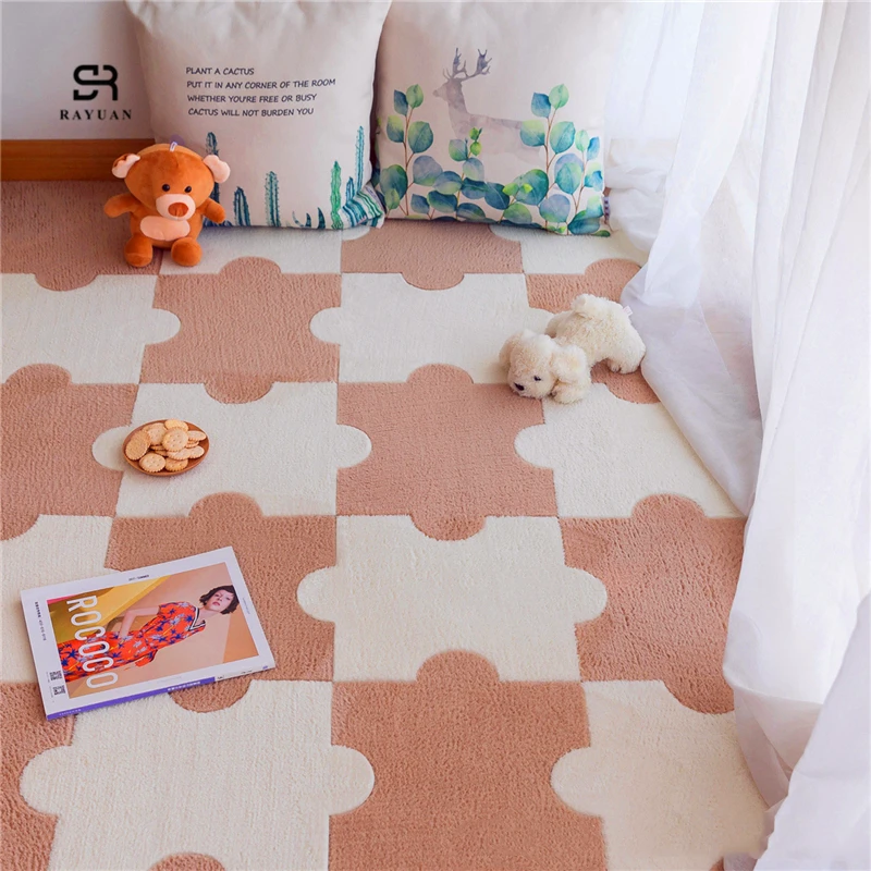 RAYUAN Plush Self Adhesive DIY Puzzle Mat Carpet Mat Children Pets Safe Baby Playmat Self-adhesive Rug Carpets