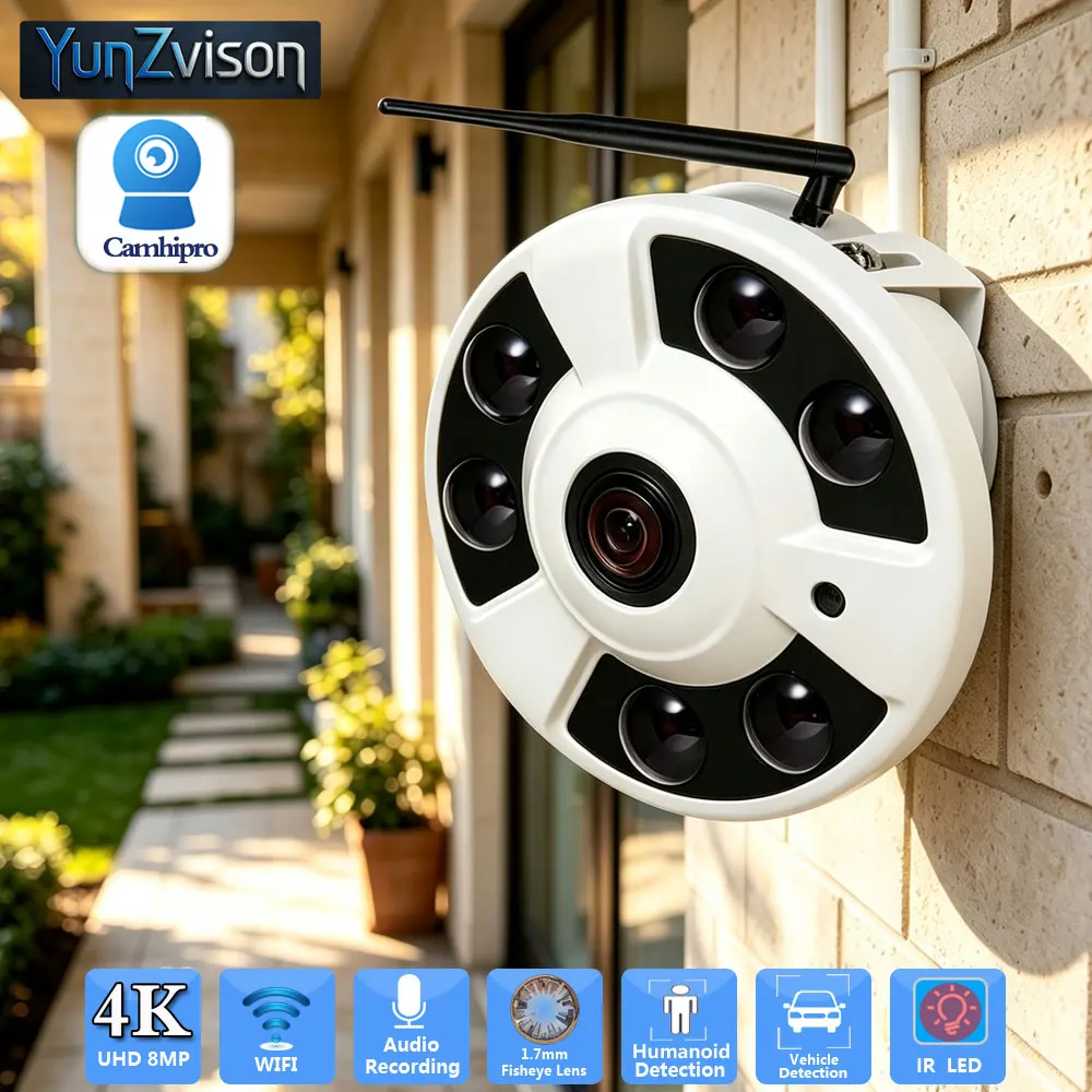 1.7mm Fisheye Lens,Ultra-wide angle, 4K 2K 8MP 5MP Video, RJ45 LAN+WIFI,Audio Recording,IR 30m